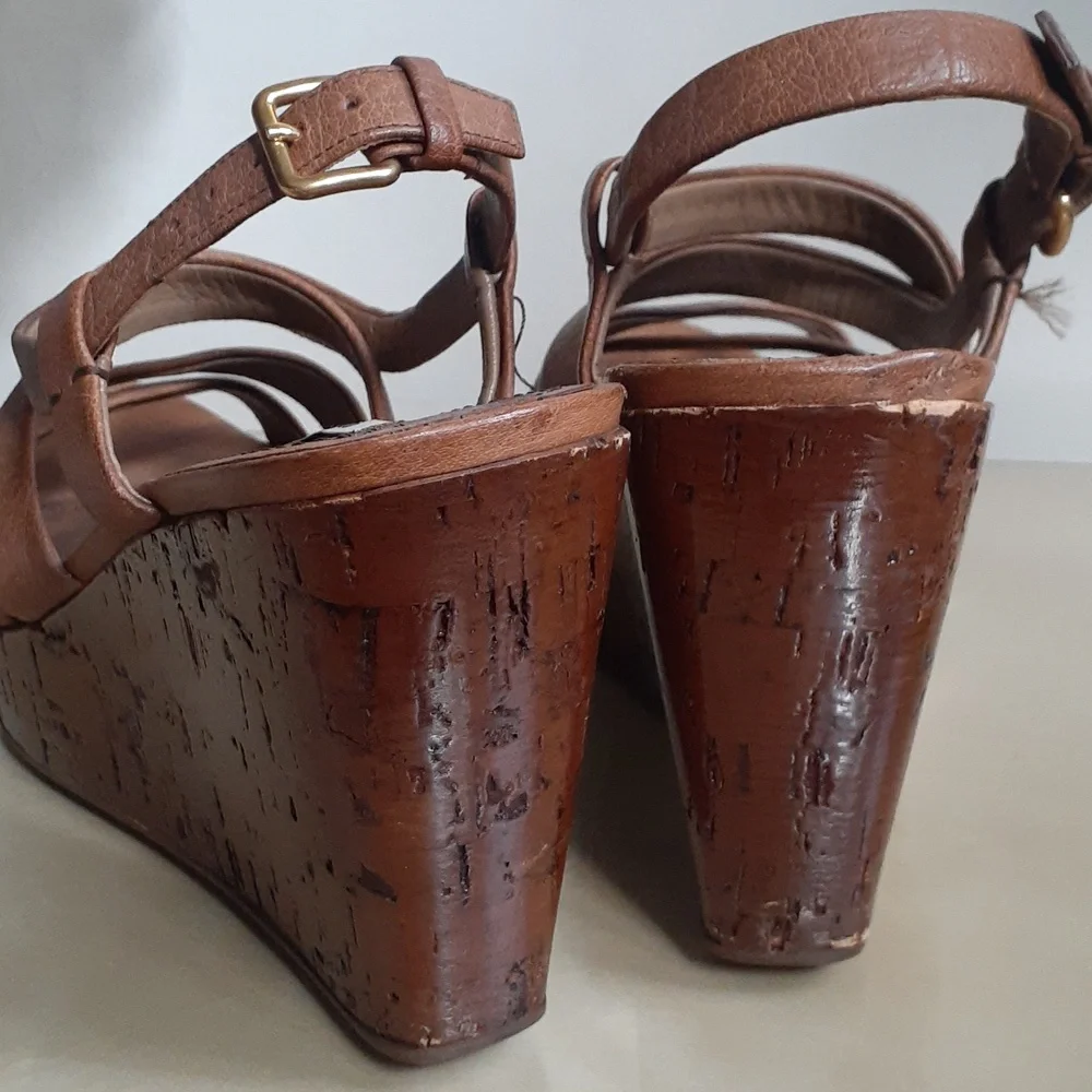 Miu Miu Leather Platform Sandals Shoes Heels Wedge Tan 41
